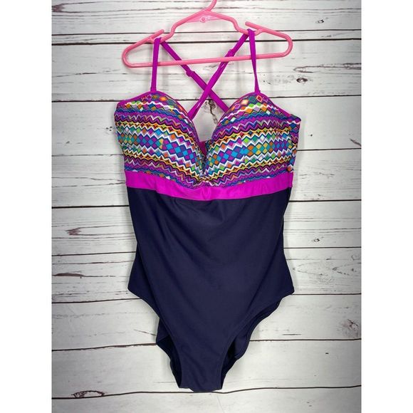 Ysabel Mora Women One Piece Pink Blue Geometric Design Swimsuit Swim Wear SZ 16 - Picture 7 of 7